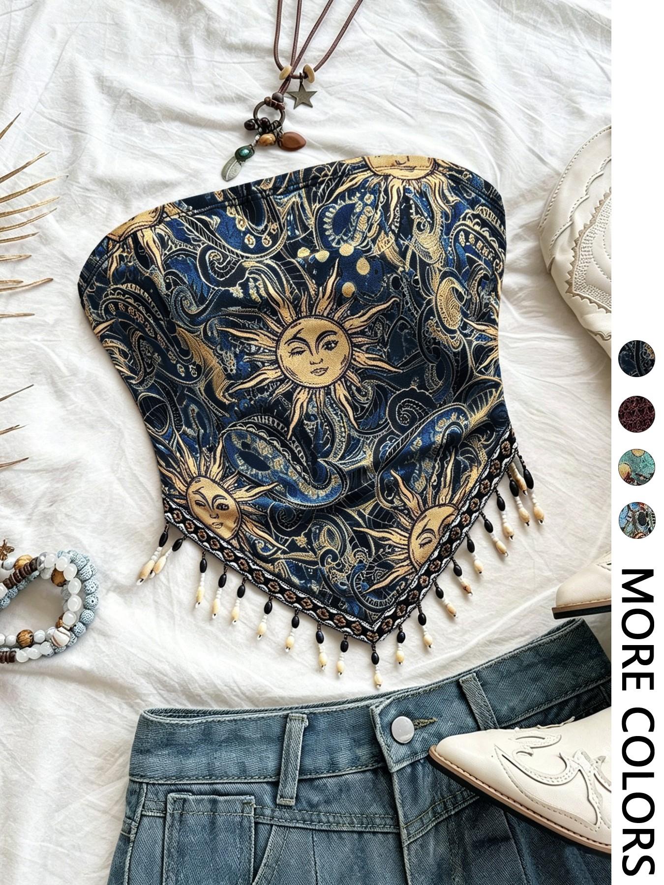 Ladies' 1pc Printed Mesh Knitt - đánh giá và giá Beaded Trim Fringe